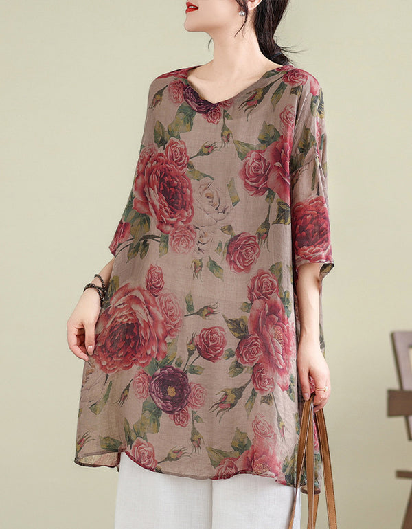 Loose Casual Rose Print Soft Cotton Linen Shirt Dress
