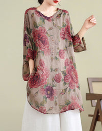 Casual Rose Pattern Cotton Linen Tunic