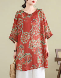 Casual Rose Pattern Cotton Linen Tunic