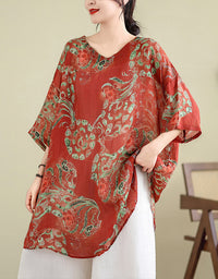 Casual Rose Pattern Cotton Linen Tunic