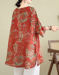Casual Rose Pattern Cotton Linen Tunic