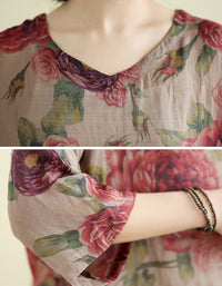 Casual Rose Pattern Cotton Linen Tunic