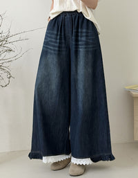 Wide Leg Jeans Elastic Waist Ruffle Hem Lace Detail