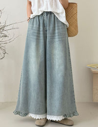 Women’s Wide Leg Denim Pants Ruffle Hem Lace Trim