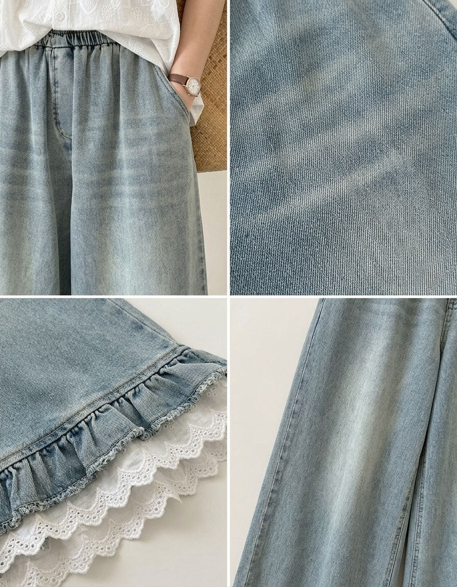 Elastic Waist Wide Leg Jeans Ruffle Hem Lace Detail