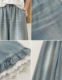 Elastic Waist Wide Leg Jeans Ruffle Hem Lace Detail