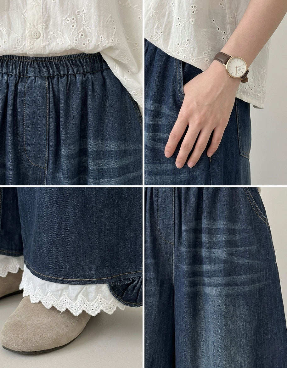 Women’s Loose Fit Denim Pants Ruffle Hem Casual Style