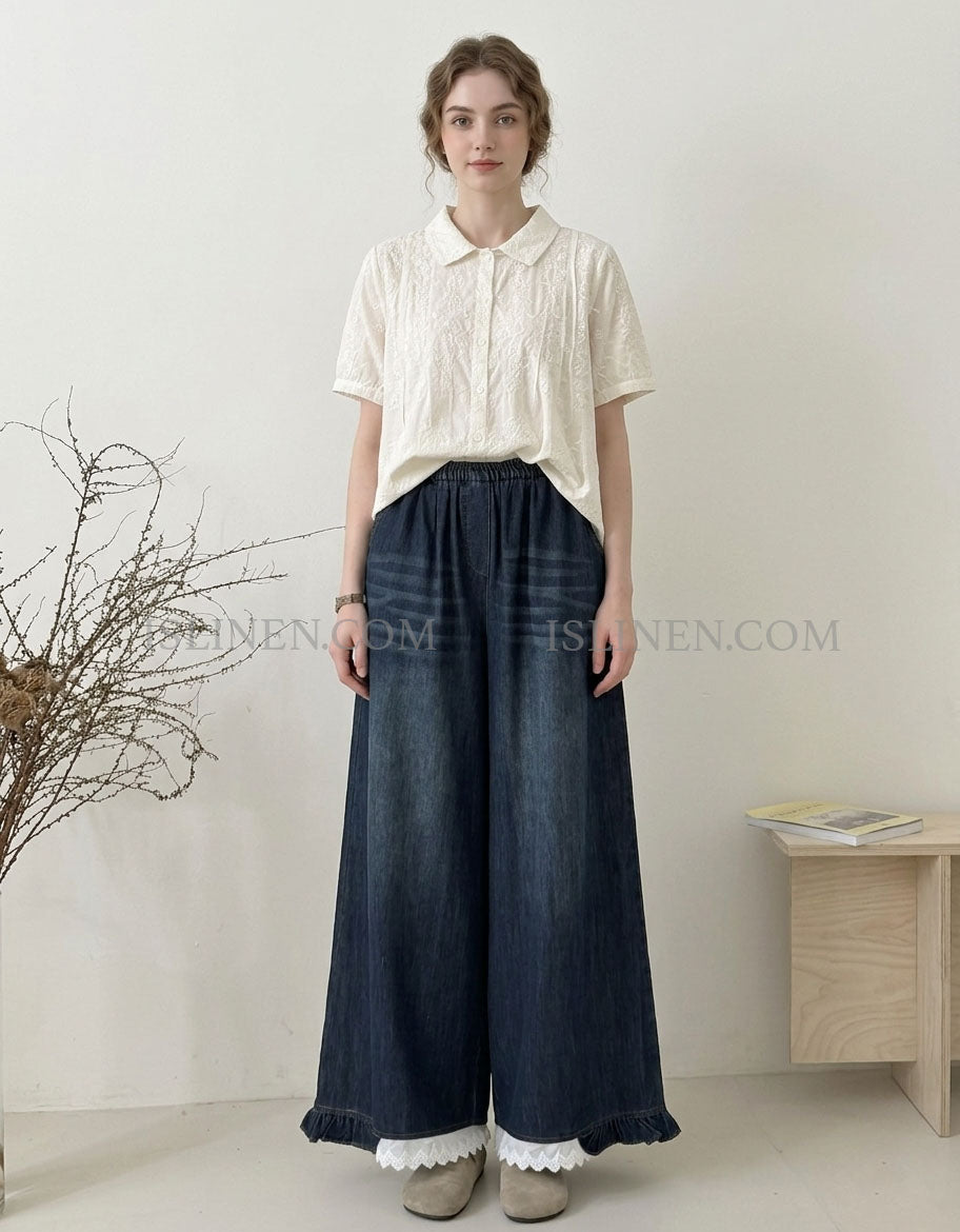 High Waist Wide Leg Jeans Ruffle Hem Lace Trim