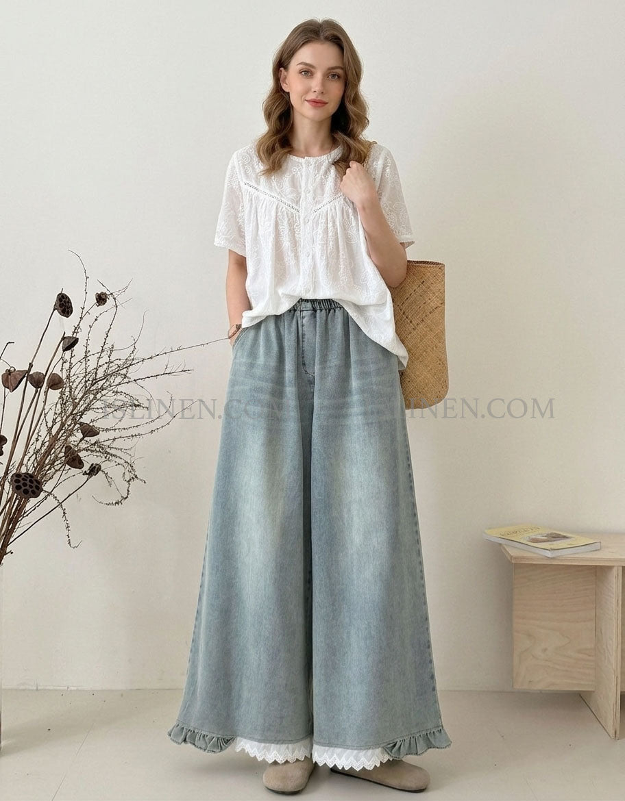 Women’s Soft Washed Denim Pants Ruffle Hem Loose Fit