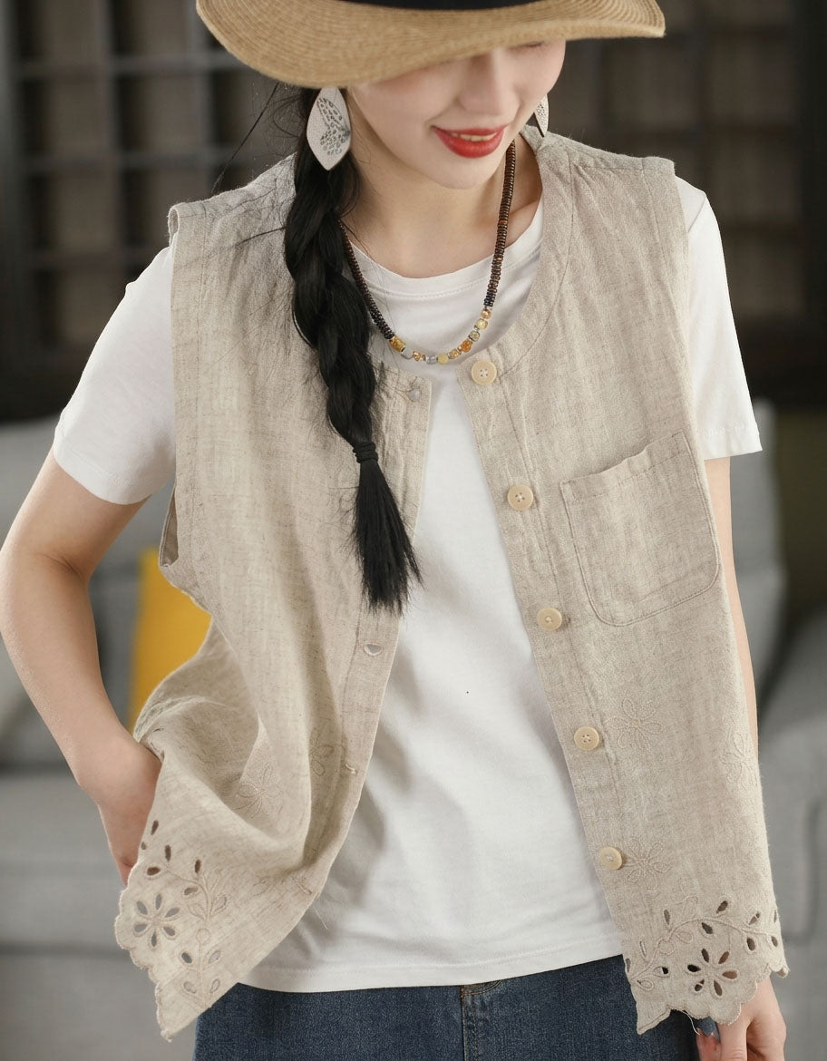 Women’s Sleeveless Linen Vest Top – Vintage Floral Embroidered Style