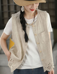 Women’s Sleeveless Linen Vest Top – Vintage Floral Embroidered Style