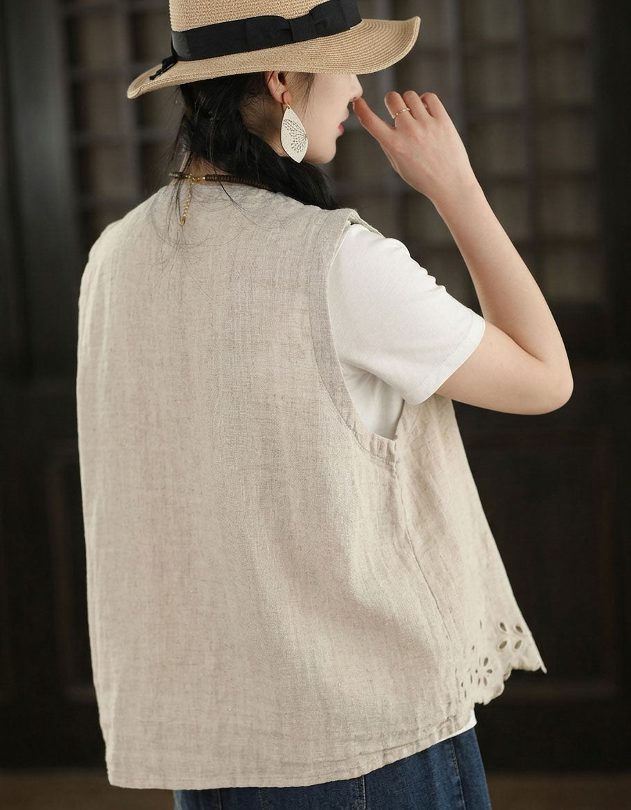 Women’s Button Front Cotton Linen Vest – Minimalist Vintage Top