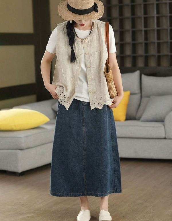 Boho Cotton Linen Tank Vest for Women – Casual Button Front Top