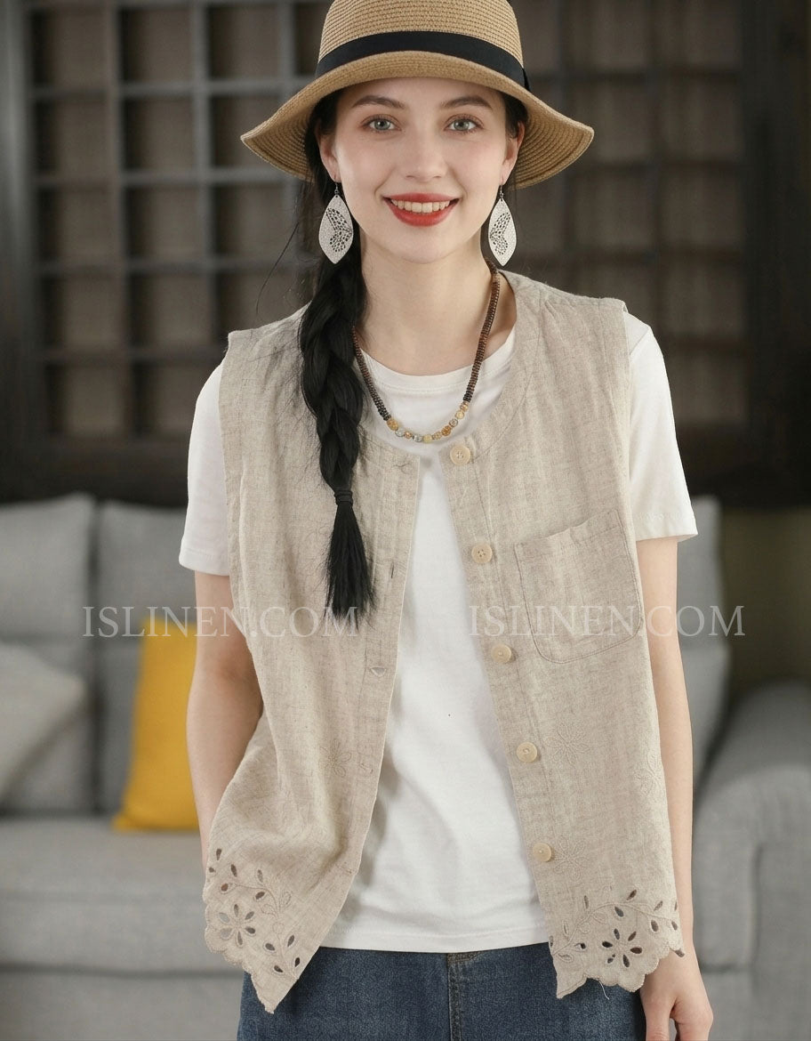 Women’s Vintage Linen Button Vest – Sleeveless Embroidered Waistcoat