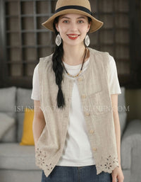 Women’s Vintage Linen Button Vest – Sleeveless Embroidered Waistcoat