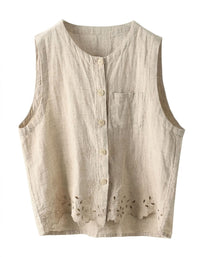Embroidered Sleeveless Linen Jacket Vest – Relaxed Boho Layering Top