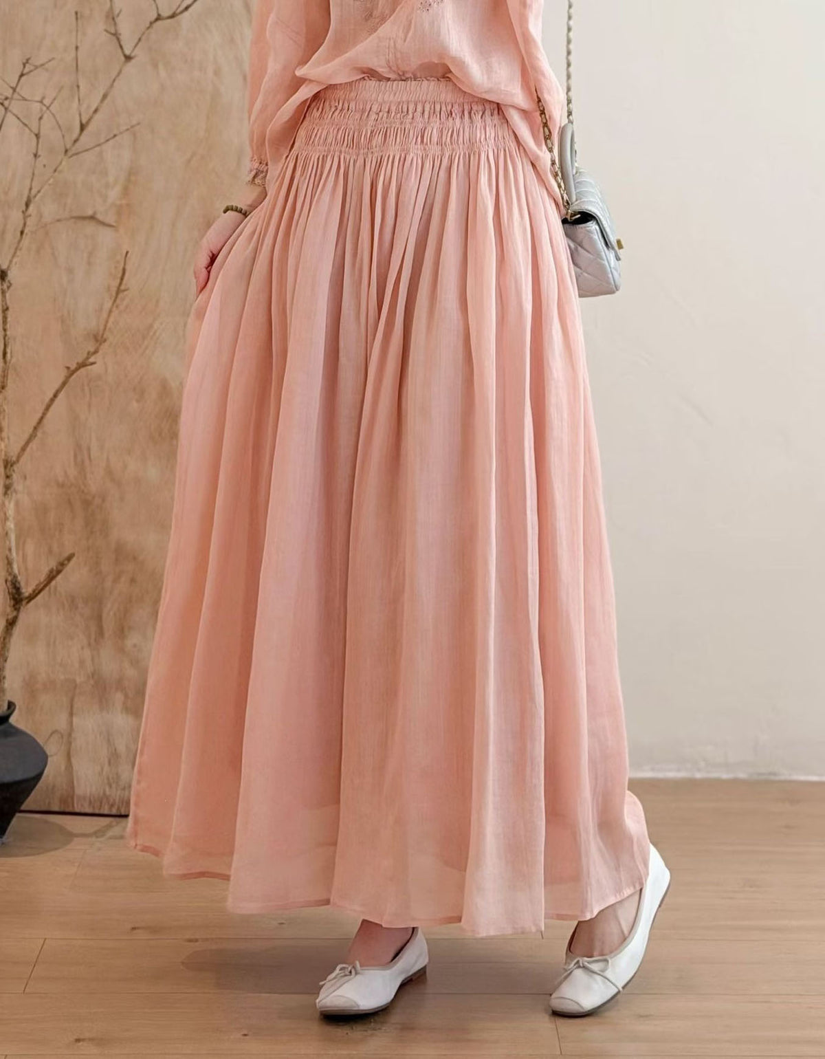 Lightweight linen blend maxi skirt in pastel green for summer fashion