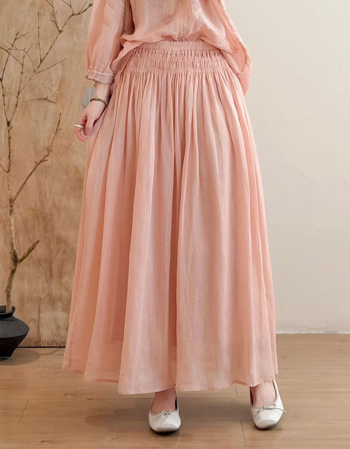 Women’s Pink Linen Maxi Skirt – Boho Elastic Waist Flowy Long Skirt