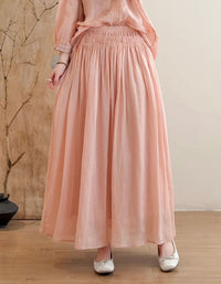 Women’s Pink Linen Maxi Skirt – Boho Elastic Waist Flowy Long Skirt