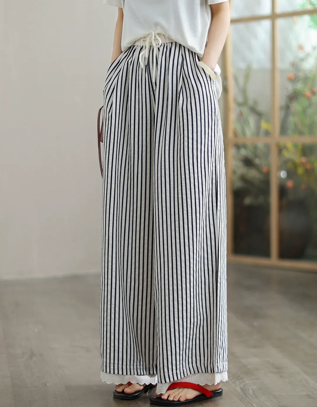Casual Striped Hem Lace Wide Leg Pants