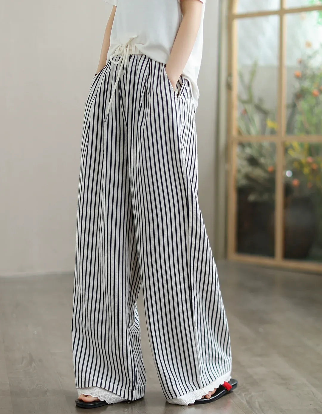 Casual Striped Hem Lace Wide Leg Pants