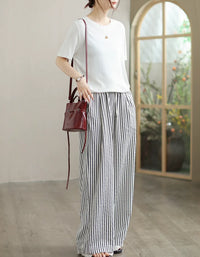 Casual Striped Hem Lace Wide Leg Pants