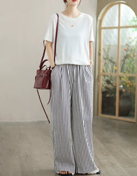 Casual Striped Hem Lace Wide Leg Pants