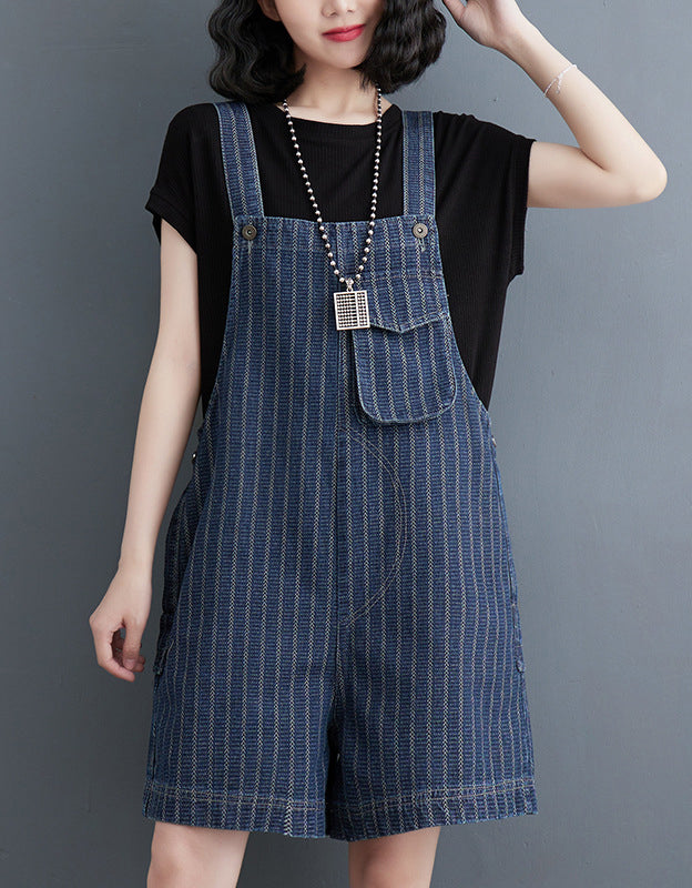 Casual Striped High Waist Denim Short Jumpsuit