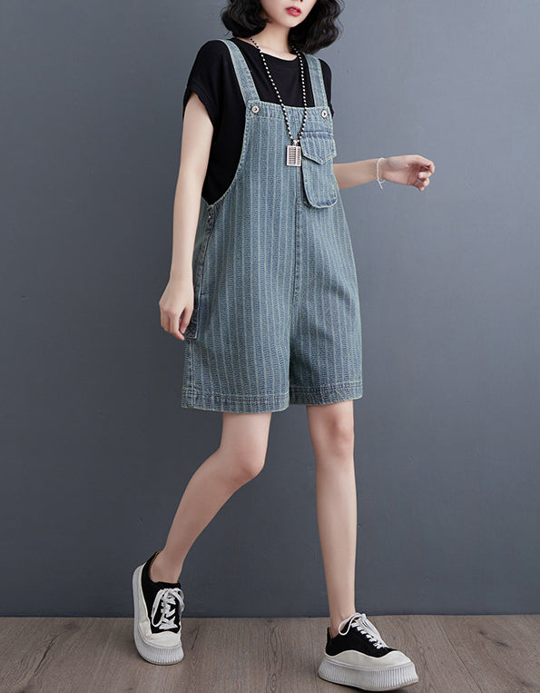 Casual Striped High Waist Denim Short Jumpsuit