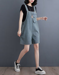 Casual Striped High Waist Denim Short Jumpsuit