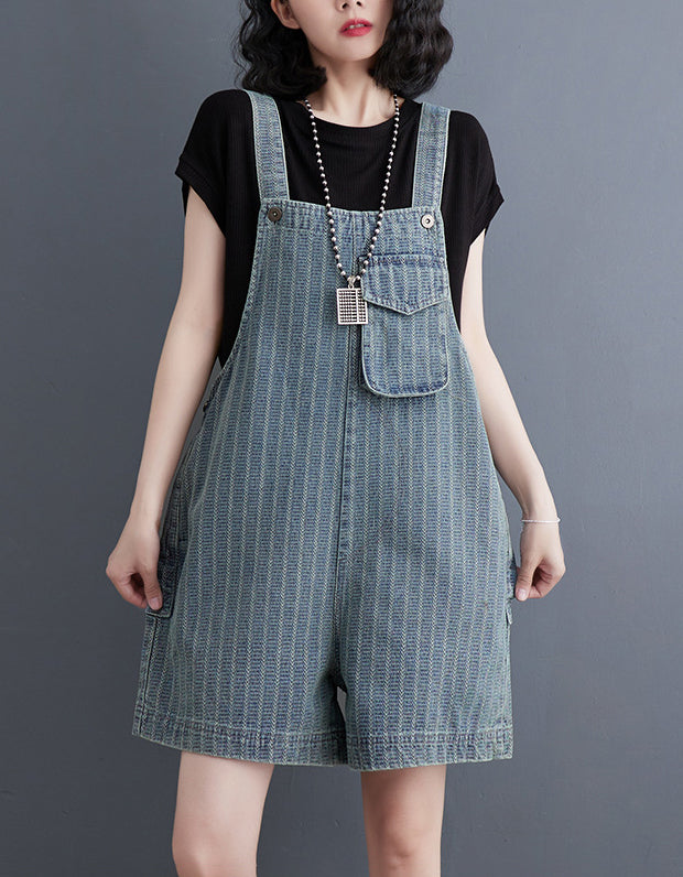 Casual Striped High Waist Denim Short Jumpsuit