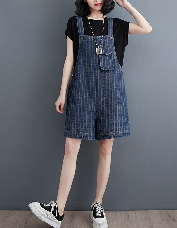 Casual Striped High Waist Denim Short Jumpsuit