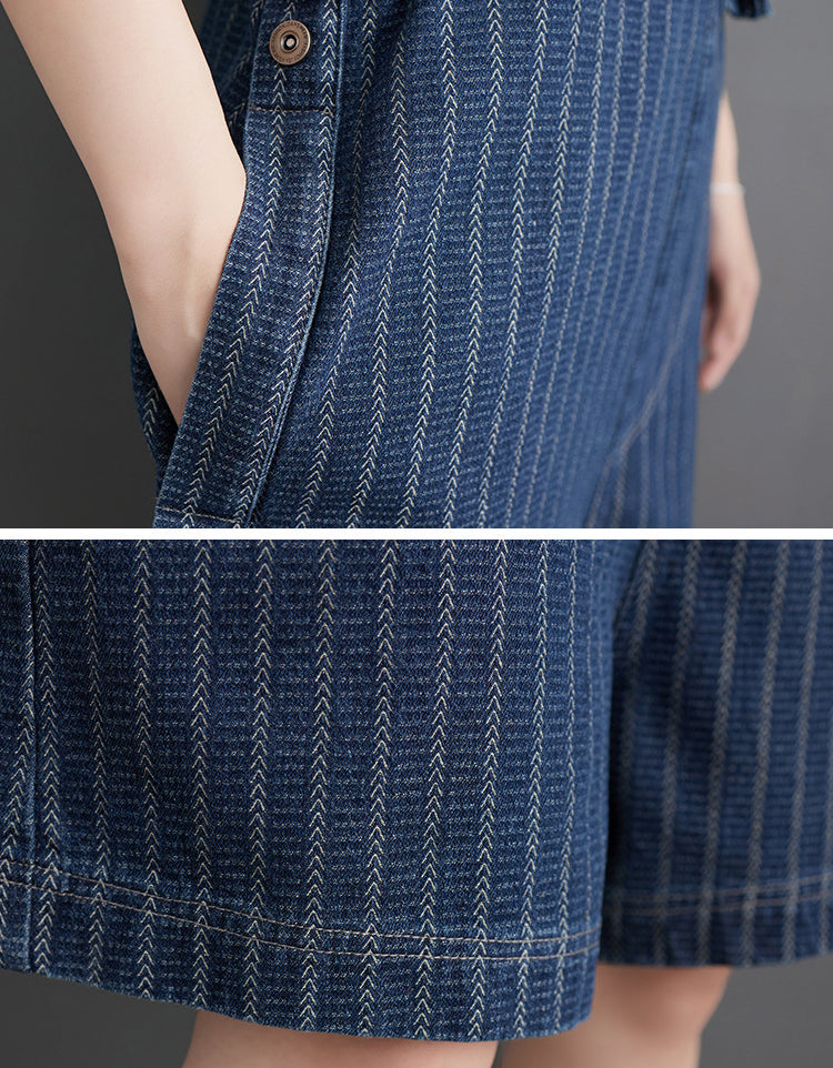 Casual Striped High Waist Denim Short Jumpsuit
