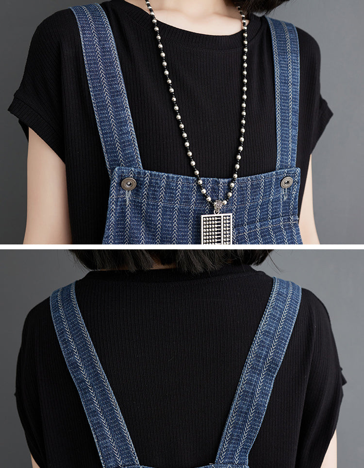 Casual Striped High Waist Denim Short Jumpsuit