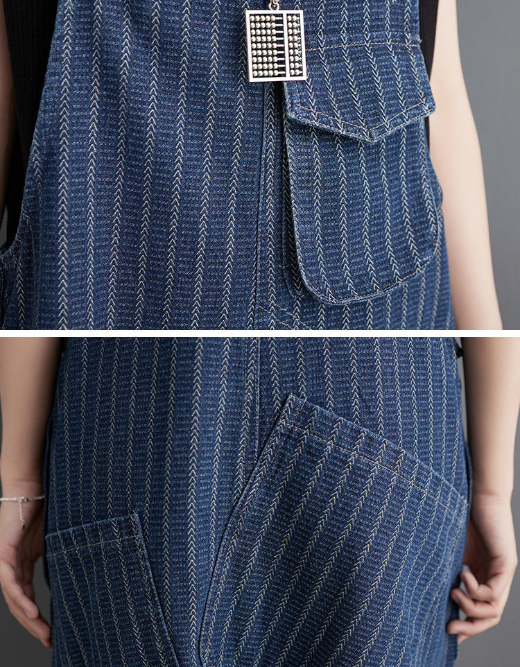 Casual Striped High Waist Denim Short Jumpsuit