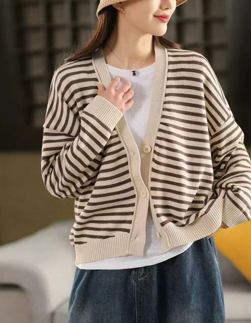 Casual Striped V-Neck Sweater Cardigan for Women