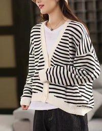 Casual Striped V-Neck Sweater Cardigan for Women
