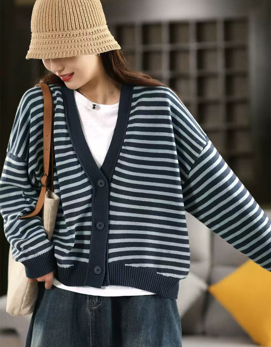 Casual Striped V-Neck Sweater Cardigan for Women
