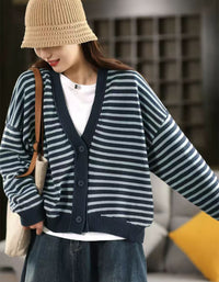 Casual Striped V-Neck Sweater Cardigan for Women