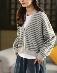 Casual Striped V-Neck Sweater Cardigan for Women