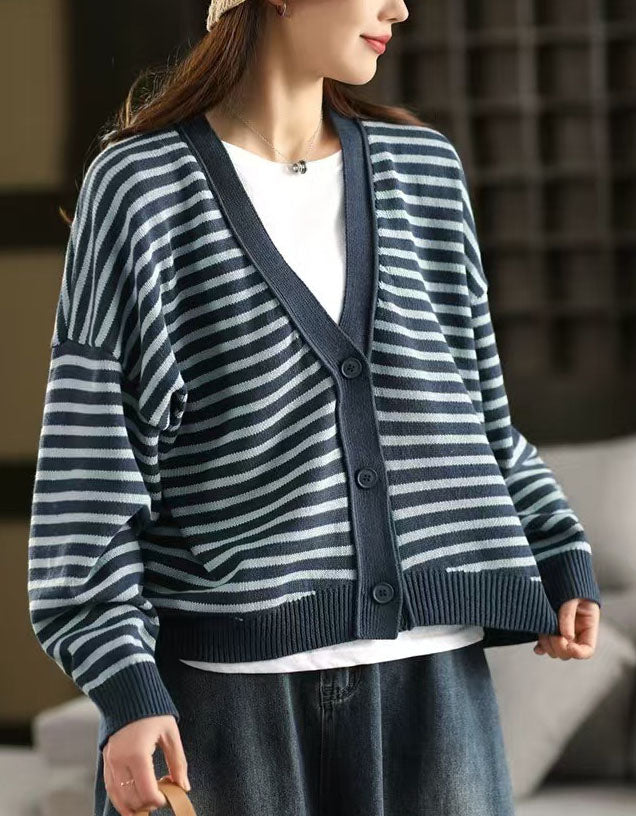 Casual Striped V-Neck Sweater Cardigan for Women