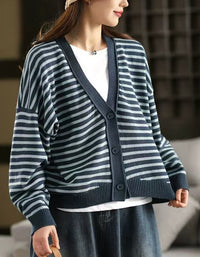 Casual Striped V-Neck Sweater Cardigan for Women