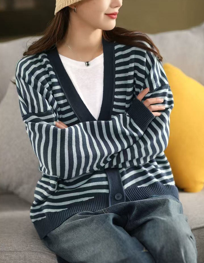 Casual Striped V-Neck Sweater Cardigan for Women