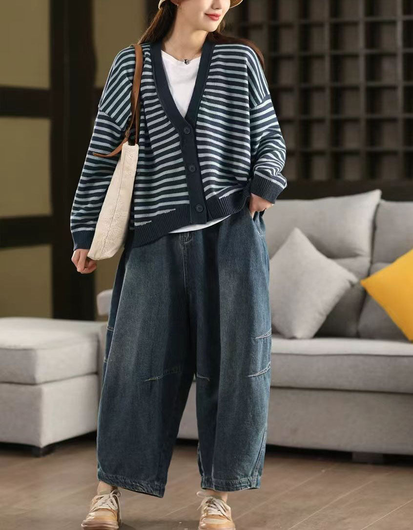 Casual Striped V-Neck Sweater Cardigan for Women