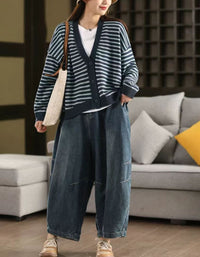 Casual Striped V-Neck Sweater Cardigan for Women