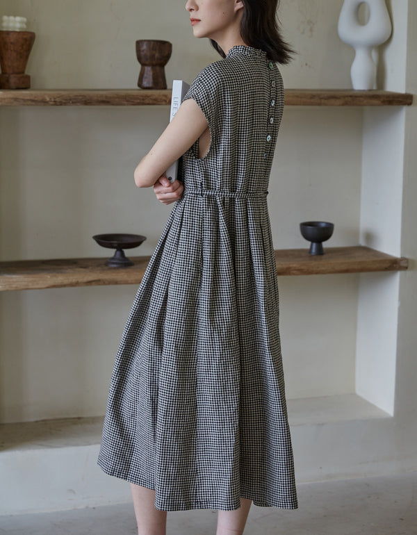 Casual Vintage Black White Checkered Linen Midi Dress
