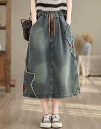Vintage embroidered denim midi skirt with elastic drawstring waist