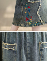 Women’s boho denim midi skirt with floral embroidery detail