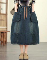 Casual Vintage Side Pockets Denim Midi Skirt - Islinen