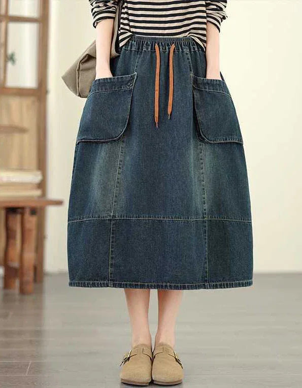 Casual Vintage Side Pockets Denim Midi Skirt - Islinen